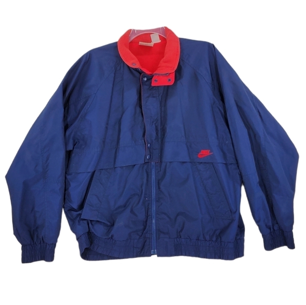 Vtg Nike Jacket Men XL Blue Mid-Weight Coat Full Zip Snap Swoosh Logo Lined 80s